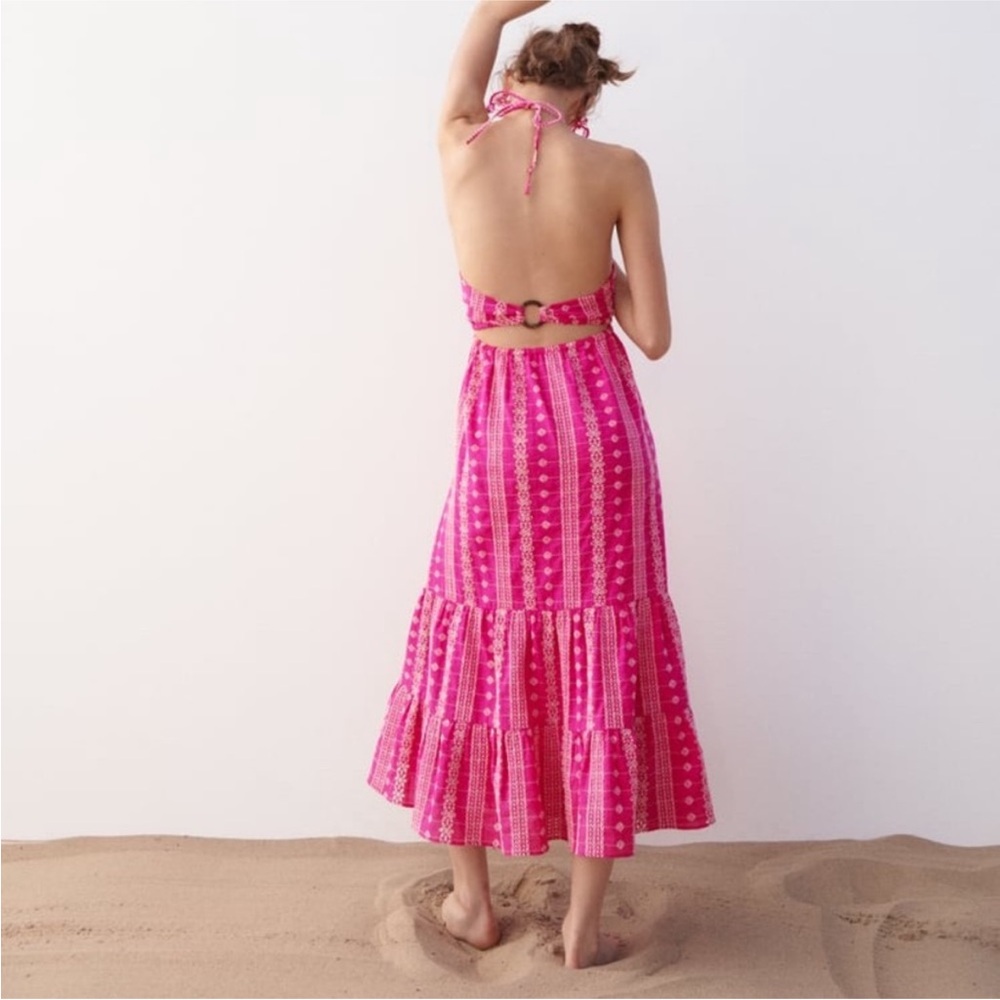 Zara Hot Pink Halter Backless Tiered Midi Dress